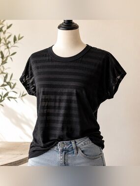 Rag & Bone Black Burnout Stripe Tee XS Designer Sheer Minimalist Top